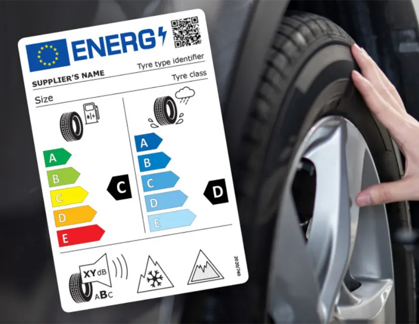imagen de una neumático con la nueva etiqueta informativa de neumáticos de la UE